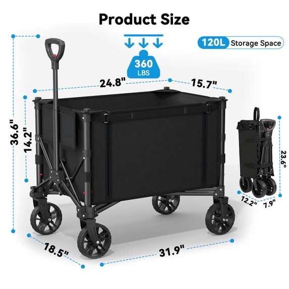 CHITOOMA Foldable Wagon Cart, 360LBS Portable Collapsible Wagon Cart, 120L Capacity Utility Cart with 2 Cup Holder for Groceries, Camping, Shopping, Garden, Beach,