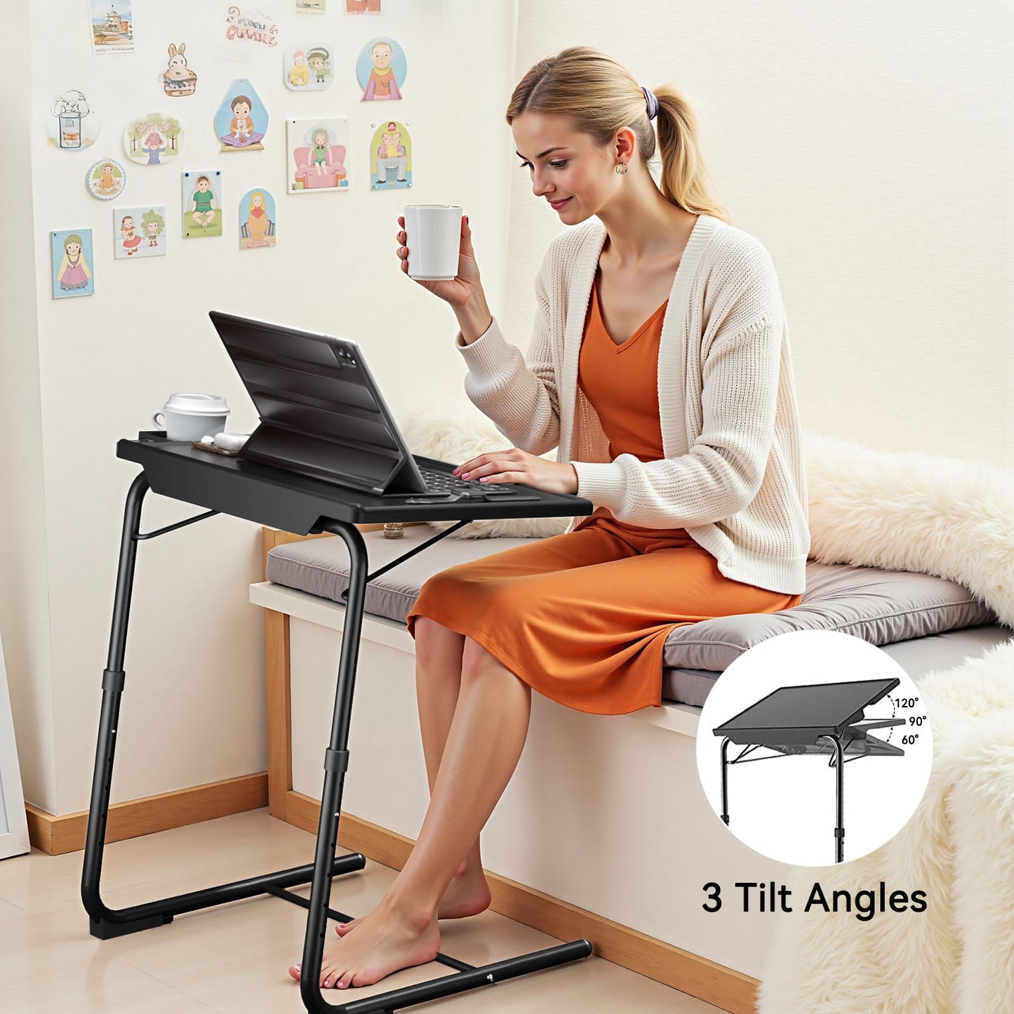 Perlegear Portable 6 Height & 3 Tilt Angles TV Tray Table TV Dinner Sofa Desk for Home Office, Black