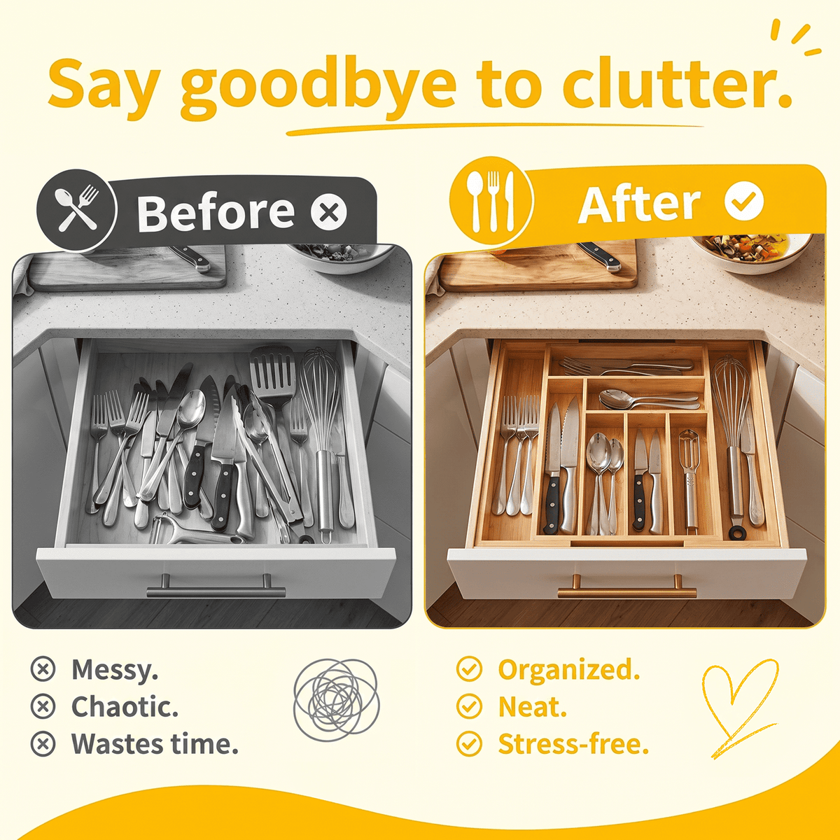 CHITOOMA Wood Bamboo Kitchen Drawer Organizer,Expandable Silverware Holder,Adjustable Kitchen Utensil Tray,for Forks, Spoons and Knives,8 Slots,Medium