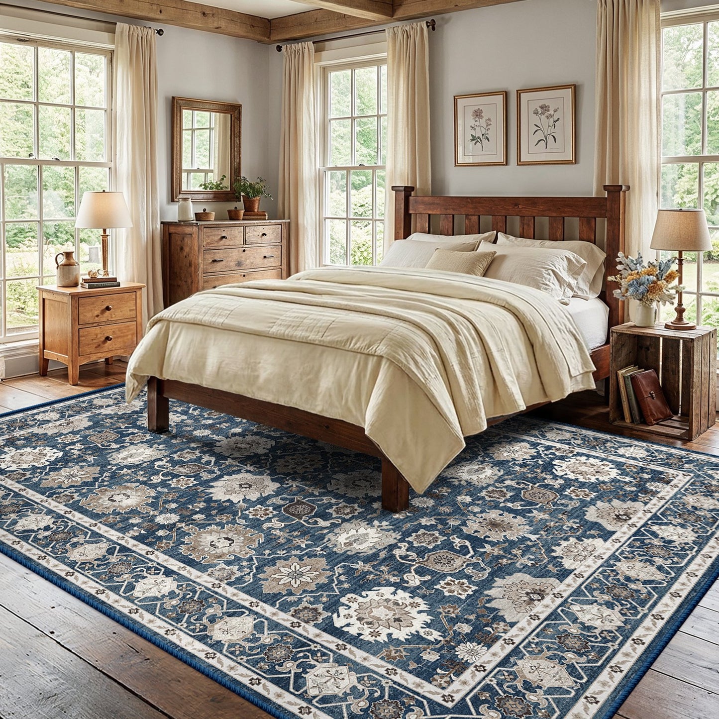 CHITOOMA 8'x10' Area Rugs for Living Room, Boho Machine Washable Floral Area Rug with Non-Slip Backing, Stain Resistant Non-Shed Carpet for Bedroom, Dining Room, Dorm, Office