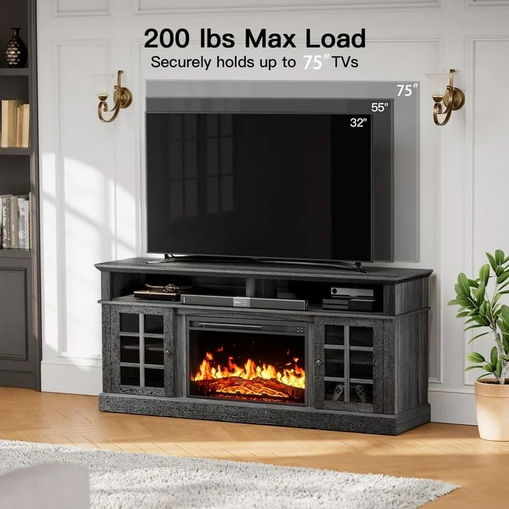 CHITOOMA 1400W Electric Fireplace TV Stand TV Console with 23″ Fireplace for up to 75 inch TVs with Adjustable Shelves, Black