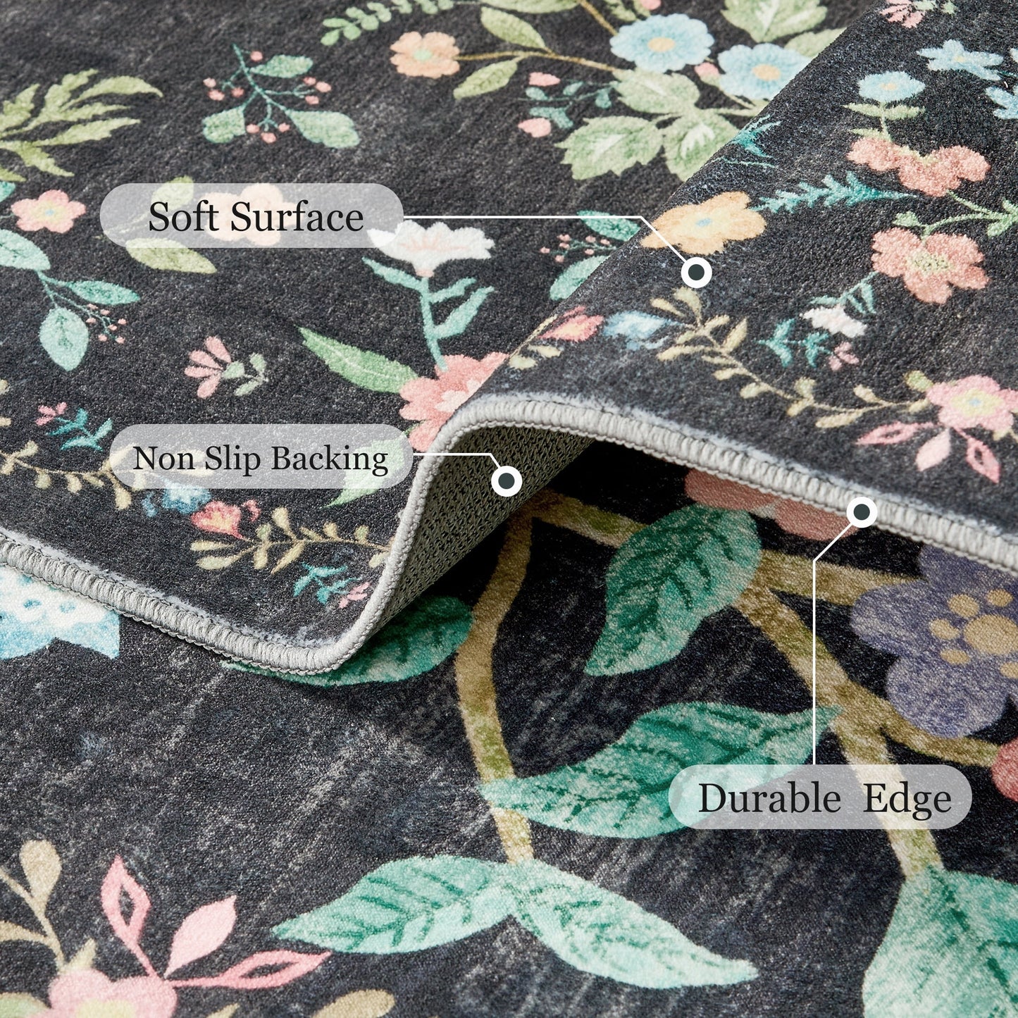 CHITOOMA 5'x7' Area Rugs for Living Room, Modern Floral Area Rugs Machine Washable Rugs, Botanical Indoor Carpet Soft Rugs for Bedroom Dining Room Dorm Office, Black