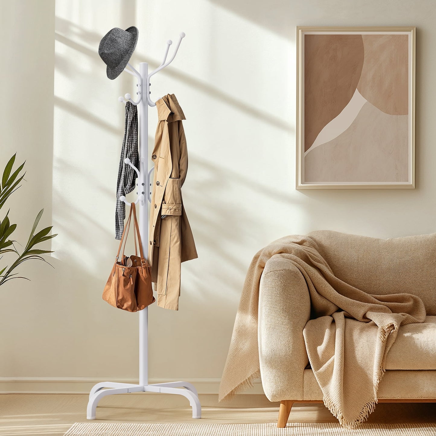 CHITOOMA 14 Hooks Coat Rack Stand Metal Storage Rack Freestanding Hat Clothing Display Stand, White