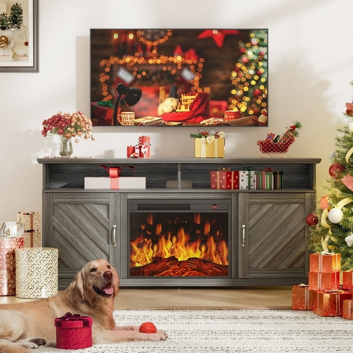 CHITOOMA Electric Fireplace TV Stand for 65 70 75 inch TV with Remote Control, Farmhouse Entertainment Center with 23″ Fireplace for Living Room, Bedroom,Gray