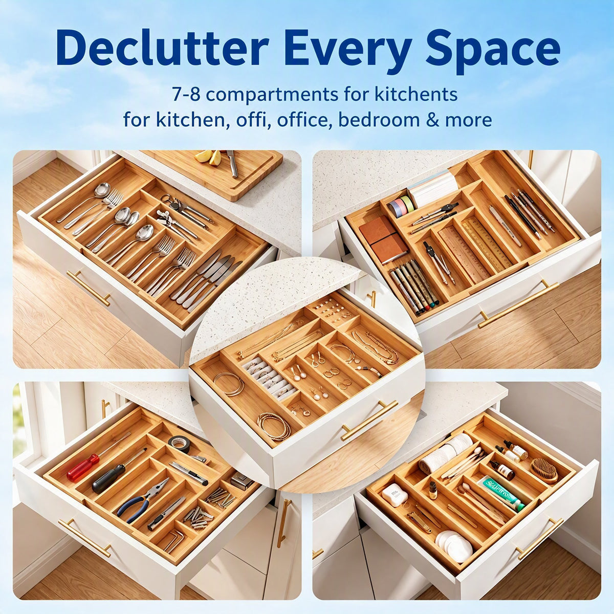 CHITOOMA Silverware Drawer Organizer, Expandable Silverware Holder,Adjustable Kitchen Utensil Tray,for Forks, Spoons and Knives,8 Slots,Natural