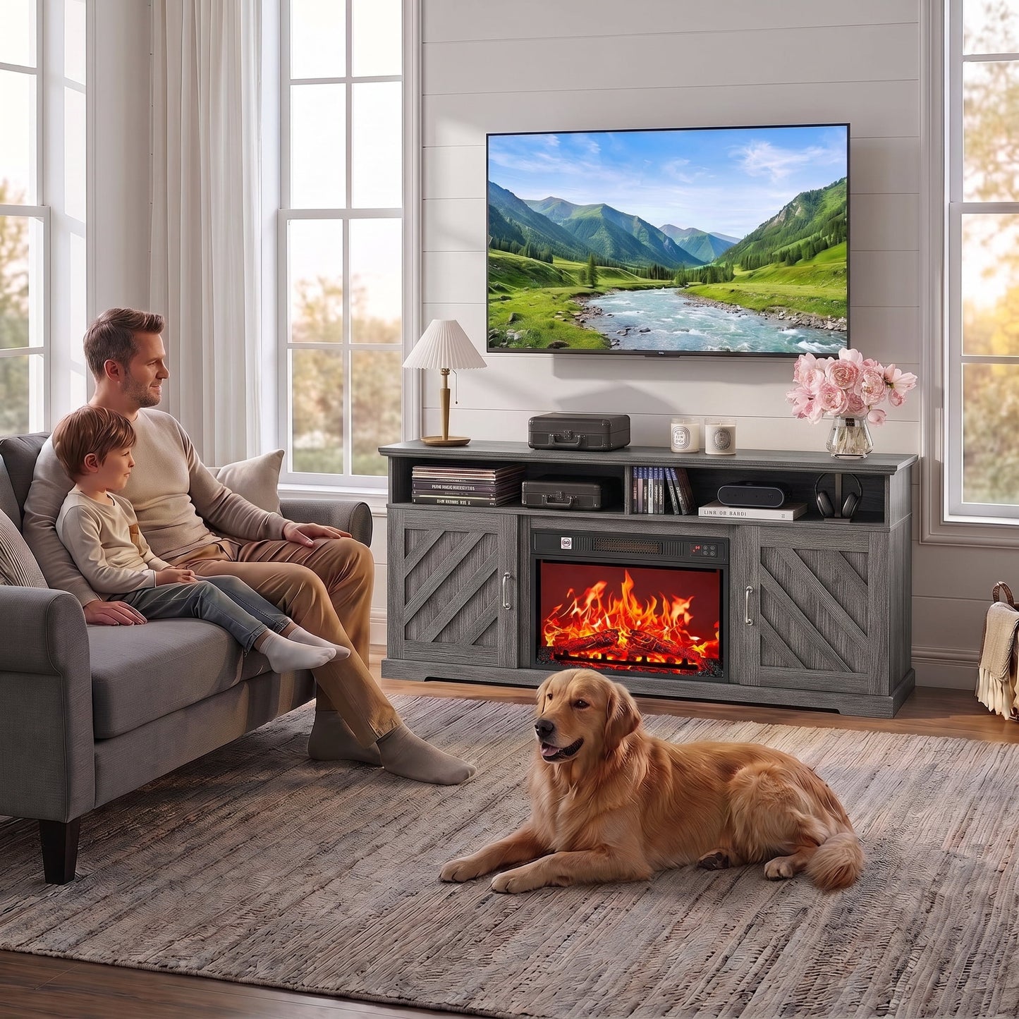 CHITOOMA Electric Fireplace TV Stand for 65 70 75 inch TV with Remote Control, Farmhouse Entertainment Center with 23″ Fireplace for Living Room, Bedroom,Gray