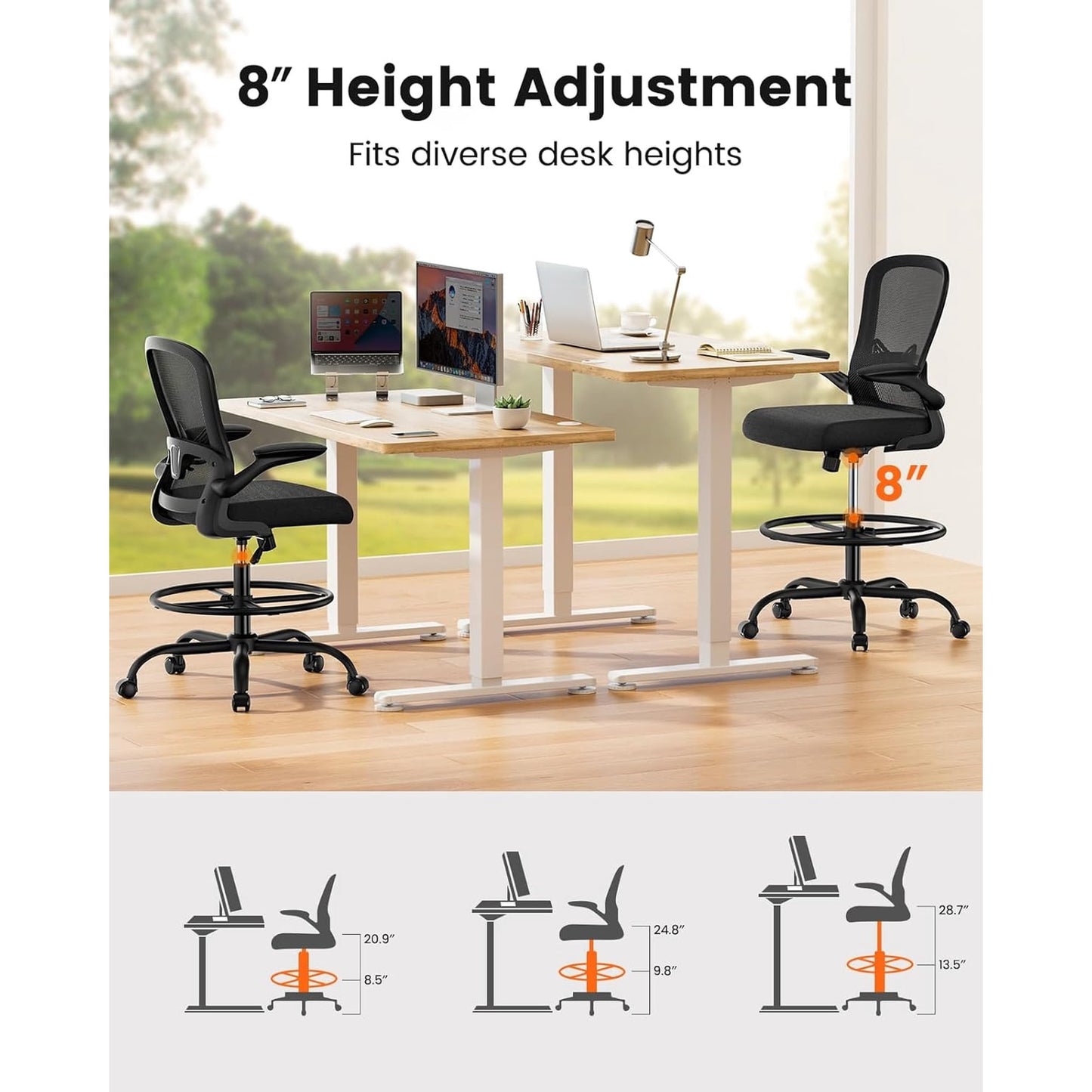 BESTERGO Tall Drafting Chair with Flip-Up Armrests, Adjustable Foot Ring, Ergonomic High Office Chair with Lumbar Support, Height-Adjustable Standing Desk Chair