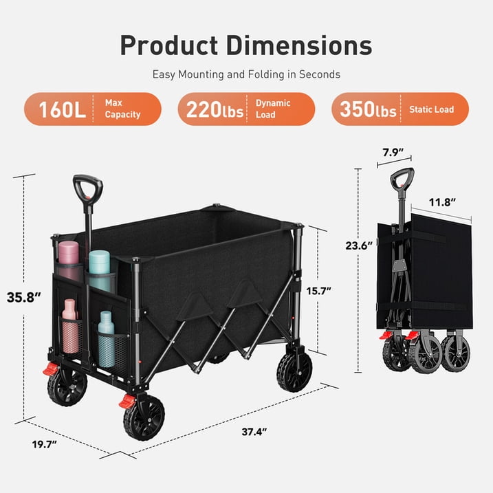 CHITOOMA Wagon Cart Foldable, 350LBS Collapsible Wagon, 160L Large Capacity Utility Cart with Side Pocket for Camping, Shopping & Outdoor Activities