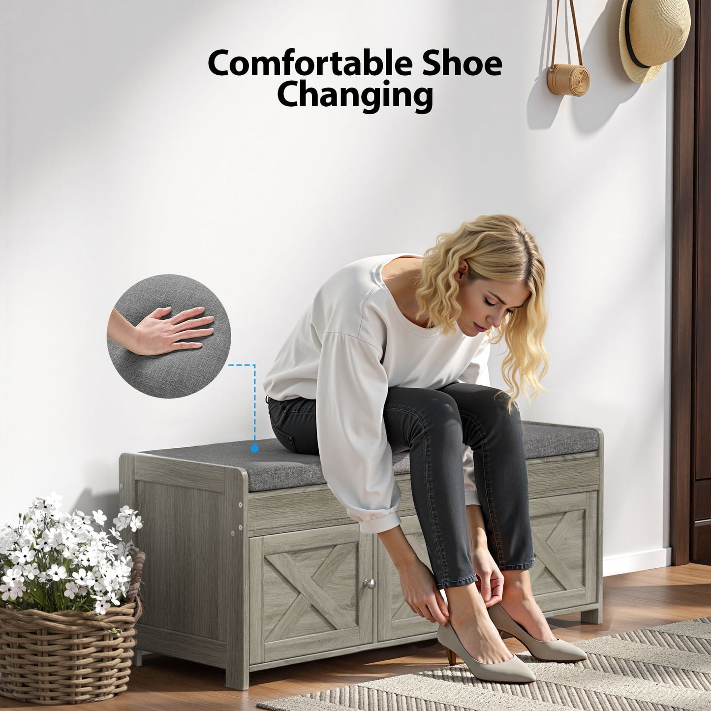 CHITOOMA 43.4" Shoe Storage Bench with Cushion and Barn Doors for Entryway, Bedroom, Shoe Rack Bench Adjustable Shelf with Lift Top Storage, 440 lbs, Grey