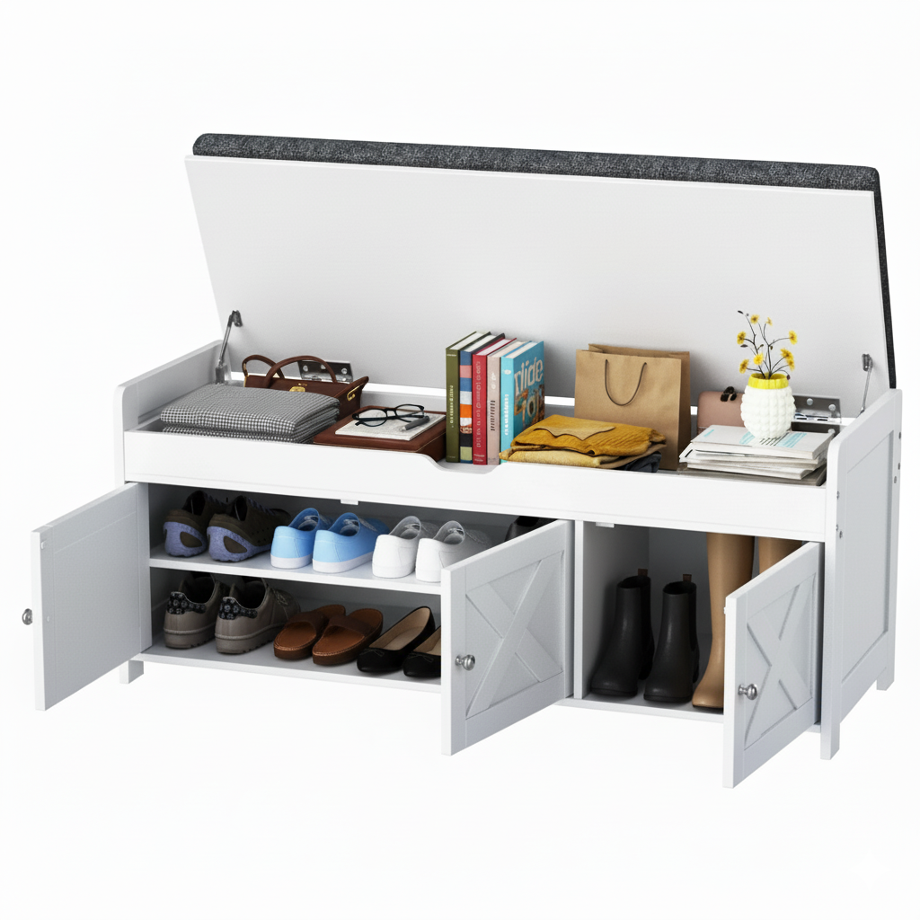 CHITOOMA Shoe Storage Bench, 43.4" Wide Shoe Bench with Padded Seat Cushion and Lift Top Storage, Bench with Barn Doors and Adjustable Shelf for for Entryway, Bedroom, Living Room, White