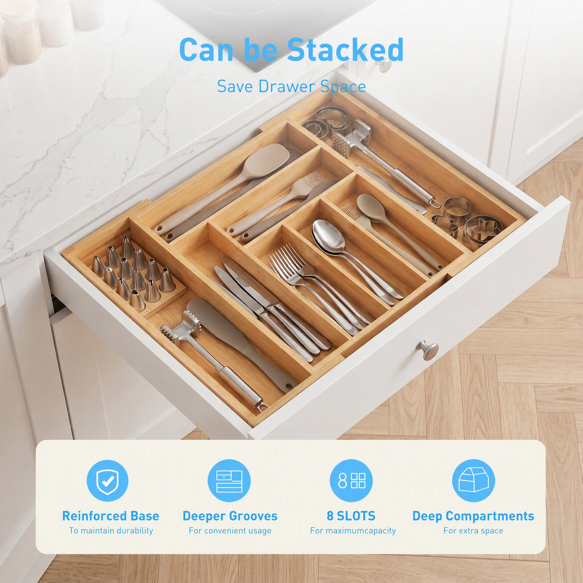 CHITOOMA Silverware Drawer Organizer, Expandable Silverware Holder,Adjustable Kitchen Utensil Tray,for Forks, Spoons and Knives,8 Slots,Natural