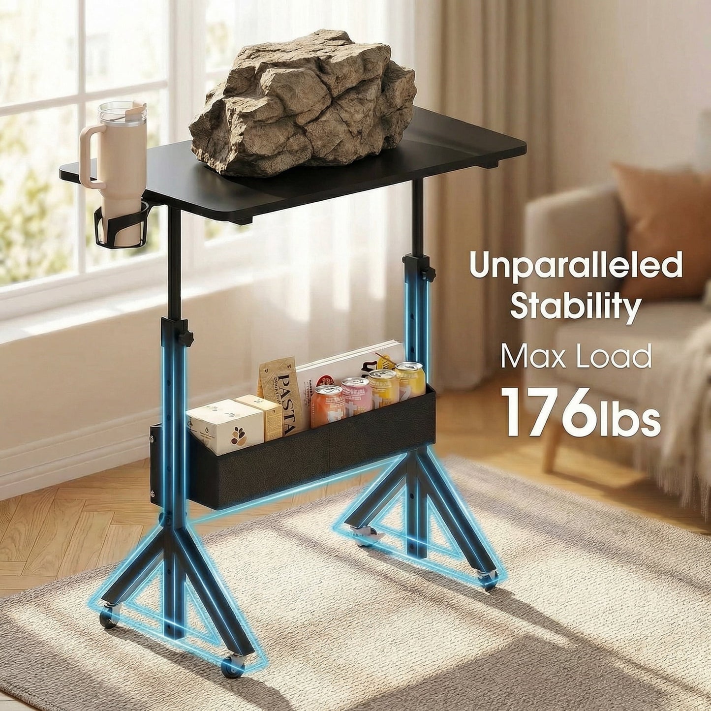CHITOOMA Mobile Standing Desk with Wheels & Storage, Adjustable Height Rolling Laptop Cart with Cup Holder, Fits Treadmills, Black, 31.5" x 15.75"