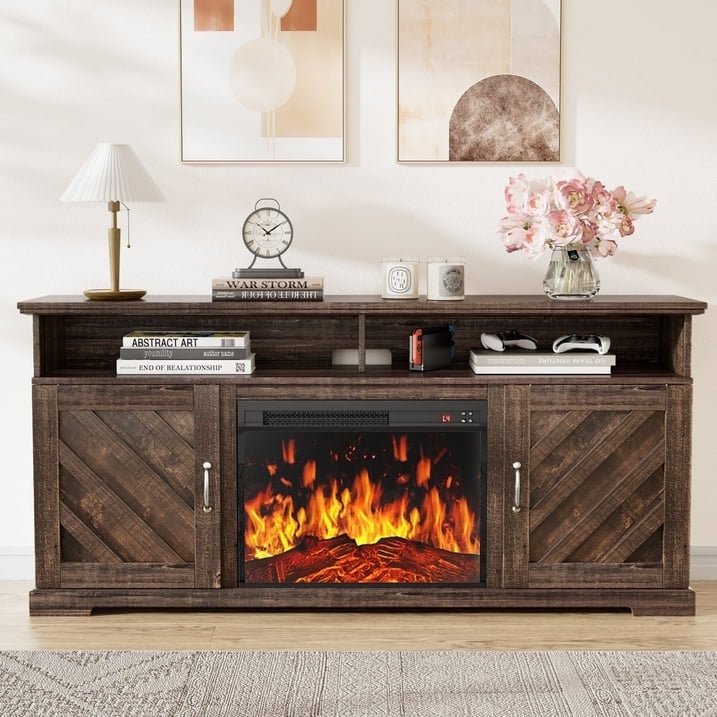 CHITOOMA 75" Fireplace TV Stand and C Shaped End Table Combo, Farmhouse Entertainment Center with 23" Electric Fireplace for Living Room, Bedroom, Vintage Brown
