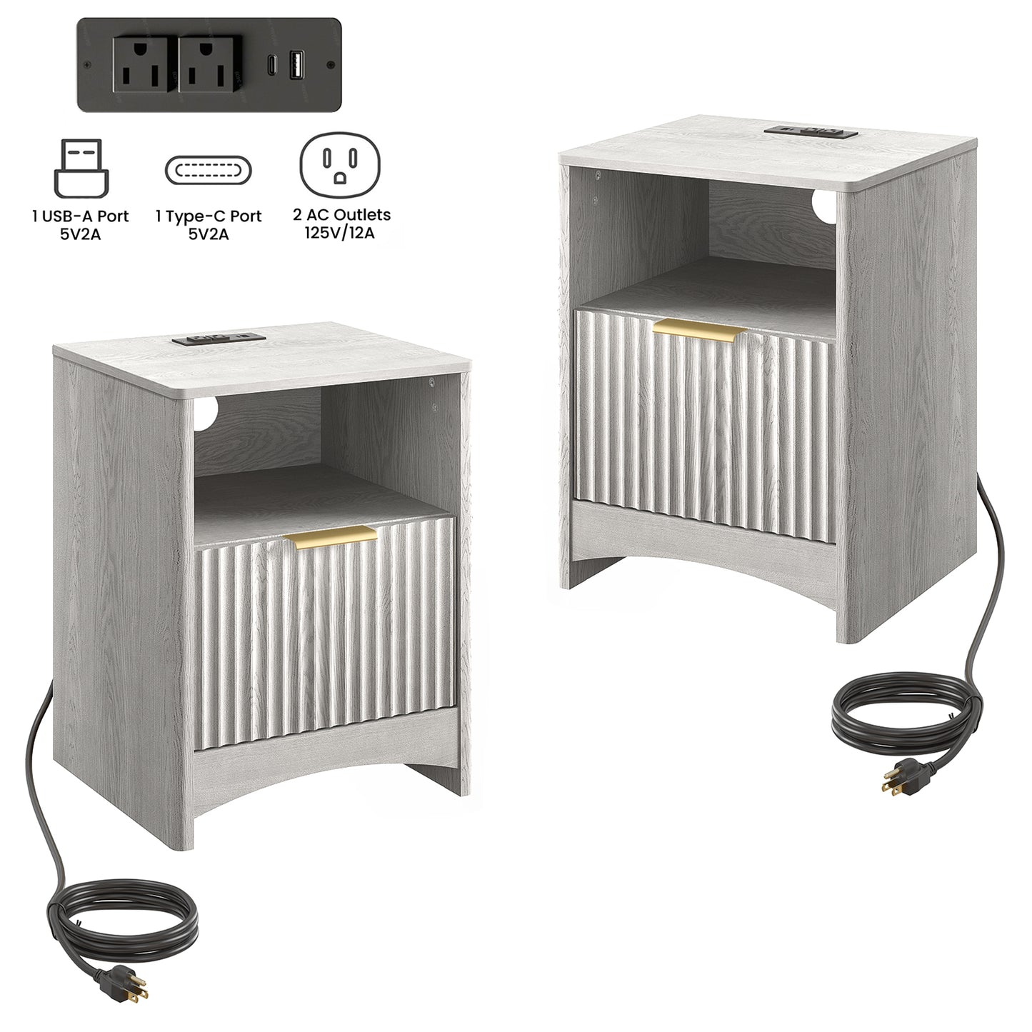 CHITOOMA Fluted Nightstand Set of 2 with Charging Station, Wood Bedside Table with Drawer & Open Shelf, Small End Table for Bedroom Living Room, Gray