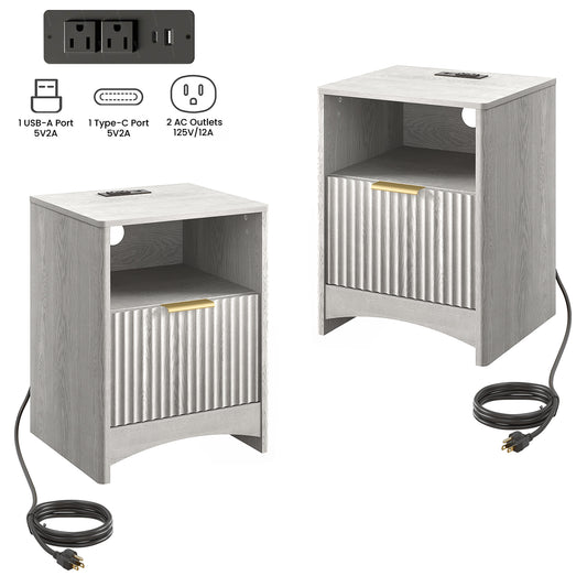 CHITOOMA Fluted Nightstand Set of 2 with Charging Station, Wood Bedside Table with Drawer & Open Shelf, Small End Table for Bedroom Living Room, Gray
