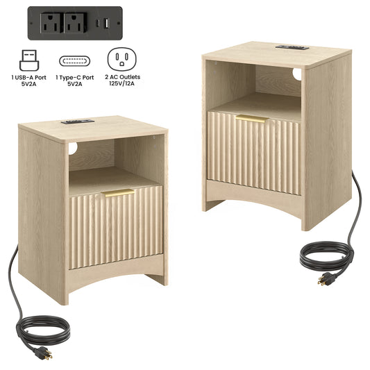 CHITOOMA Fluted Nightstand Set of 2 with Charging Station, Wood Bedside Table with Drawer & Open Shelf, Small End Table for Bedroom Living Room, Natural