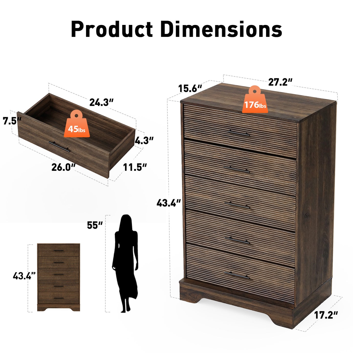 CHITOOMA Fluted Dresser for Bedroom, Modern Wooden 5 Drawer Tall Dresser, Chest of Drawers, Storage Cabine Living Room Hallway, Walnut