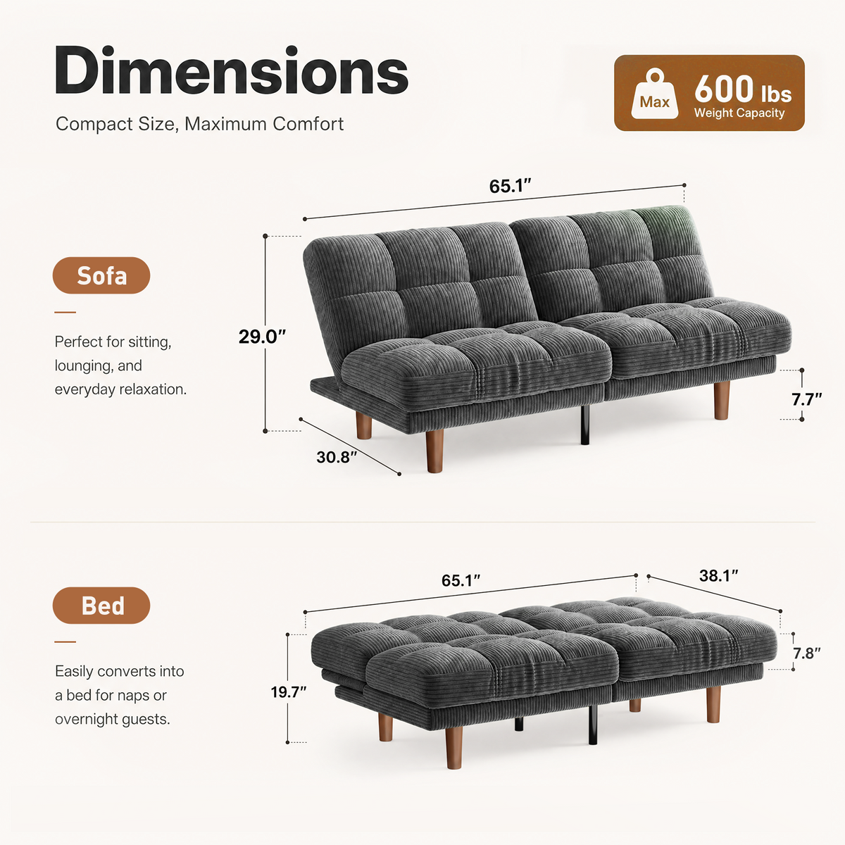 CHITOOMA 66" Futon Sofa Bed with Adjustable Backrest, Corduroy Convertible Futon Couch, Extra-Thick Cushion, Comfy Loveseat for Small Spaces, Apartment or Office, Gray