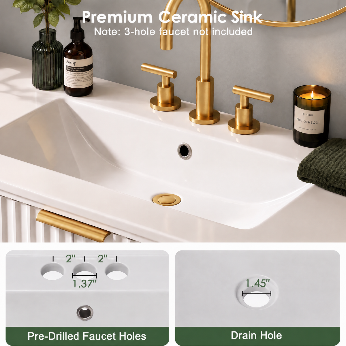 30 Inch Bathroom Vanity with Ceramic Sink, Freestanding Bathroom Cabinet with U-Shaped Drawer and Adjustable Shelf, Modern Fluted Vanity Set, White