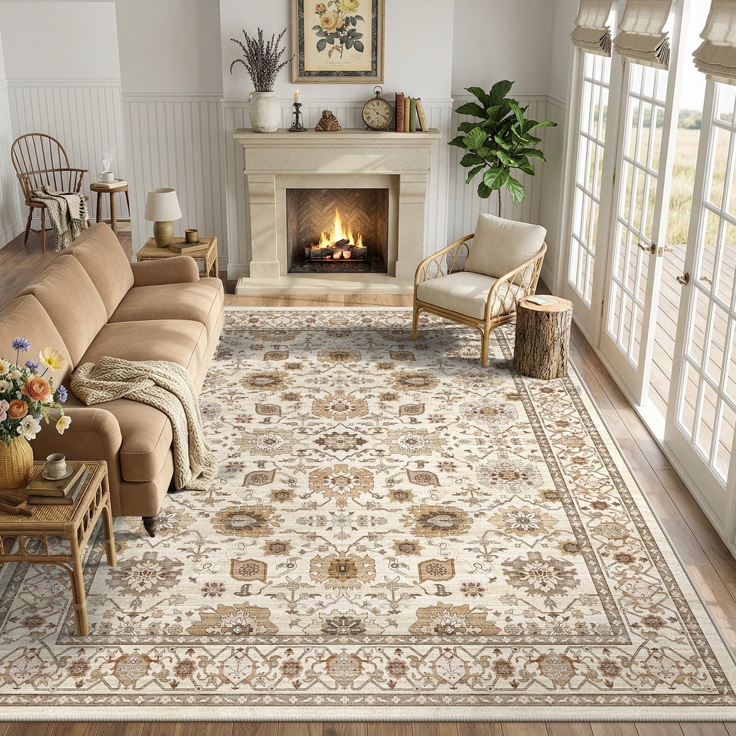 CHITOOMA 9'x12' Area Rugs for Living Room, Boho Machine Washable Stain Resistant Non-Shed Carpet, Floral Area Rug with Non-Slip Backing for Bedroom, Dining Room, Dorm, Office