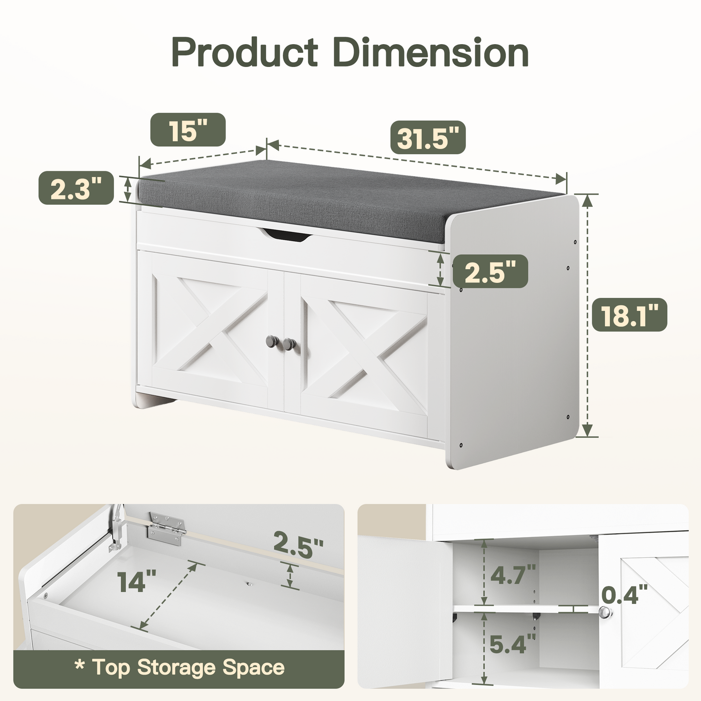 CHITOOMA Shoe Storage Bench, 2-Tier with Cushioned Seat, Adjustable Shelves, 300 lbs Capacity, 31.5" x 15" x 18", White