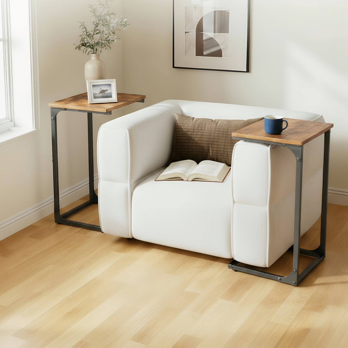 C Shaped End Sofa Table 2pcs, Widened Vintage End Table Side Table for Living Room, Bedroom, 27"(H) x 21.1"(W) x 11.4"(D), Brown