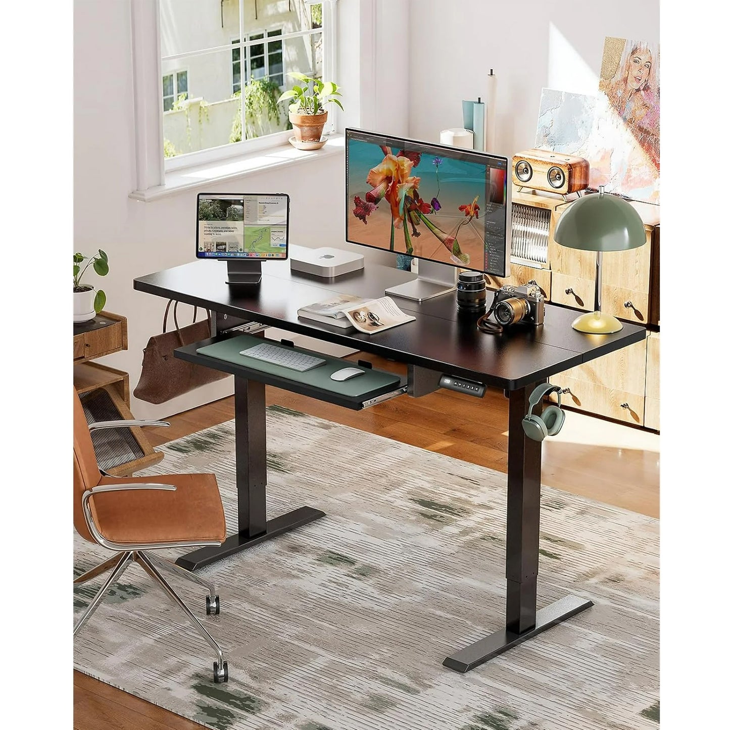 55" x 24" Electric Standing Desk with Keyboard Tray, Height Adjustable Sit Stand up Desk with Headphone Hook & 4 Height Memory Pre-Set for Home Office, Black