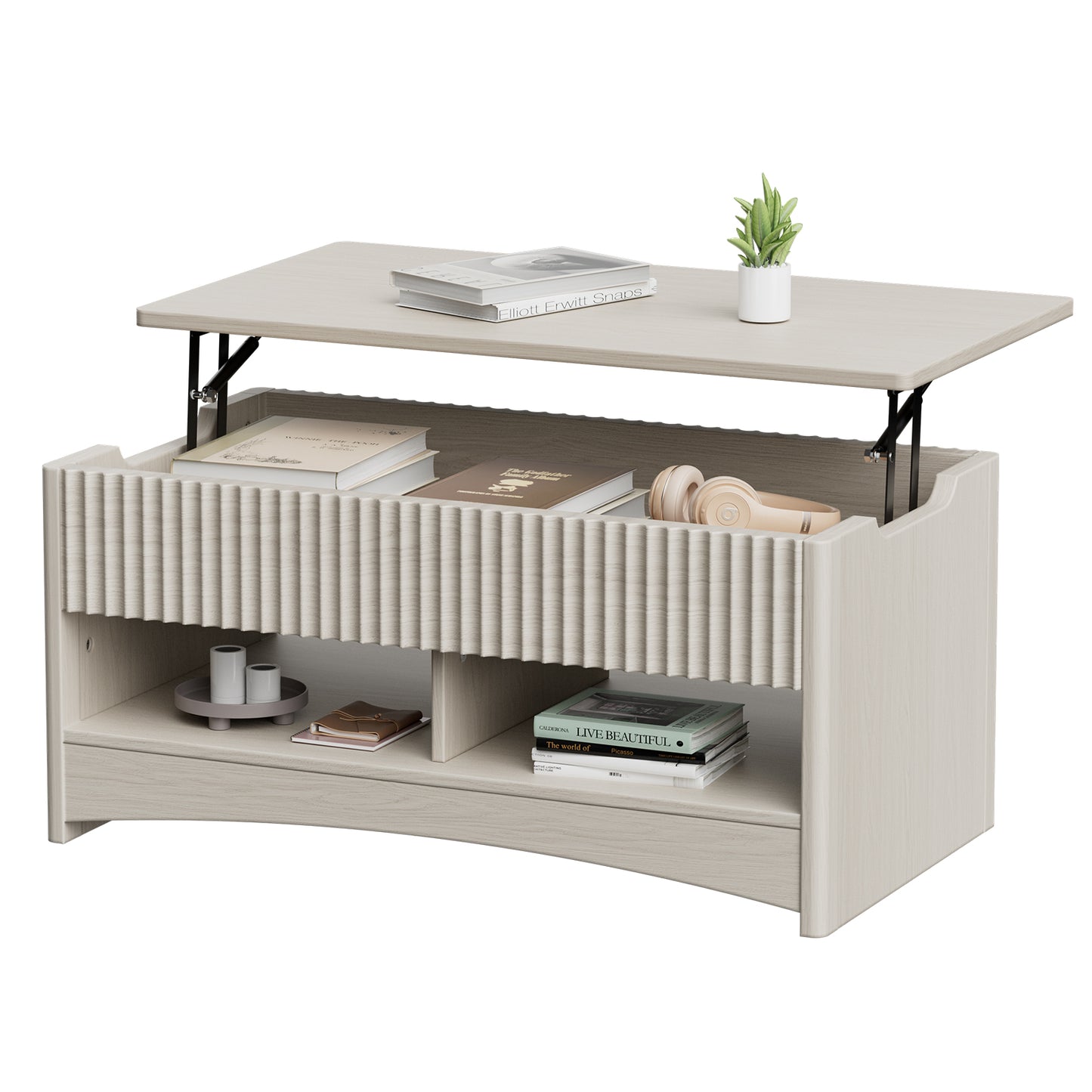 CHITOOMA Modern Lift-Top Coffee Table with Hidden Storage & Open Shelves, Fluted Front Accent Table for Living Room, Gray