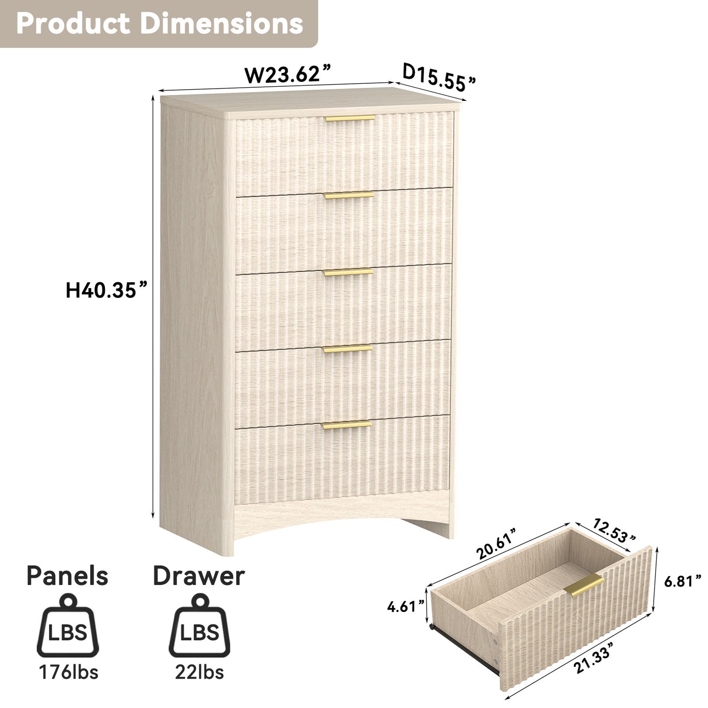 CHITOOMA Modern 5 Drawer Dresser for Bedroom, Fluted Wood Chest of Drawers with Gold Handles, Tall Storage Cabinet for Living Room, Natural