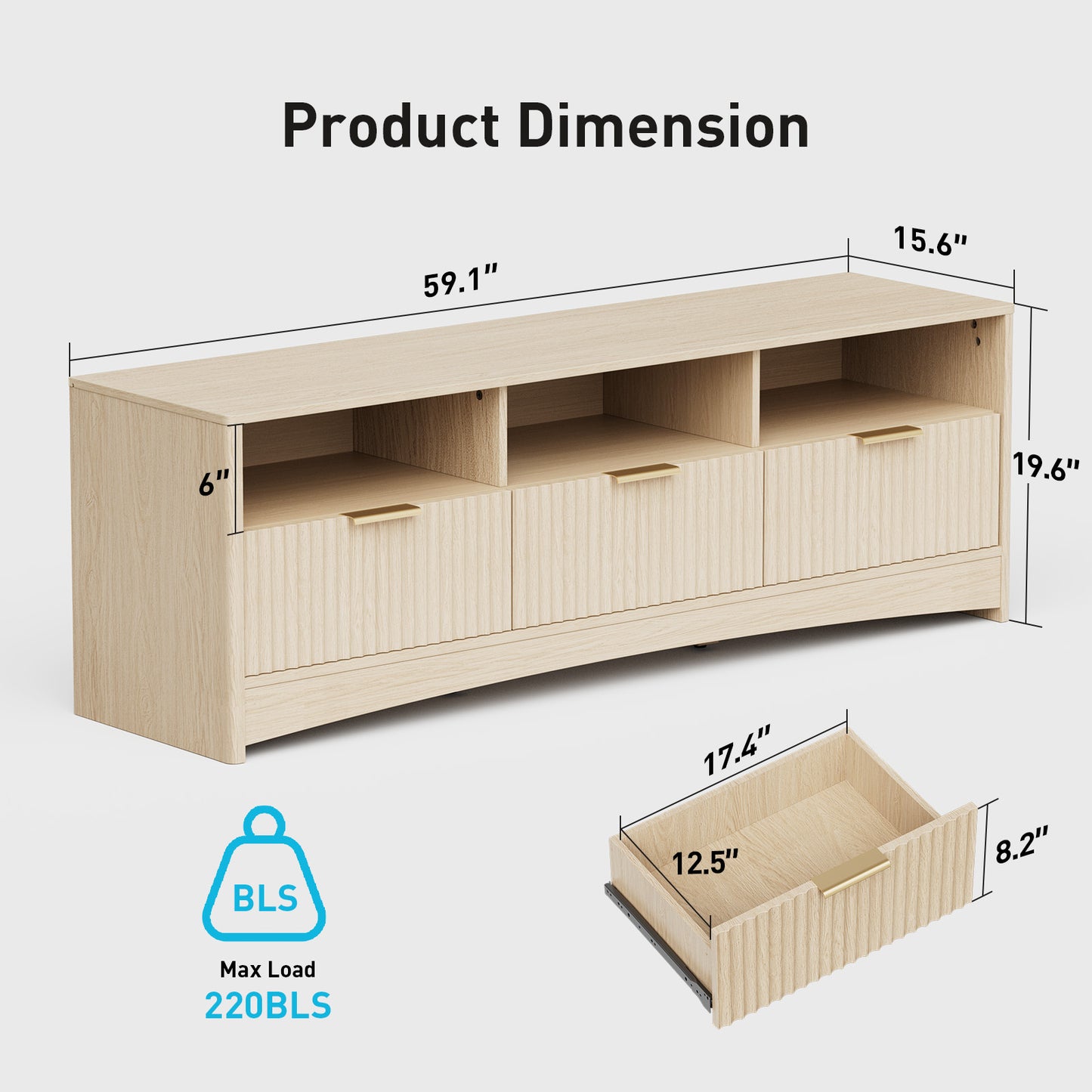 CHITOOMA Modern TV Stand for TVs up to 65", Fluted Media Console with Open Shelves & Hidden Storage Cabinet, Entertainment Center for Living Room, Natural