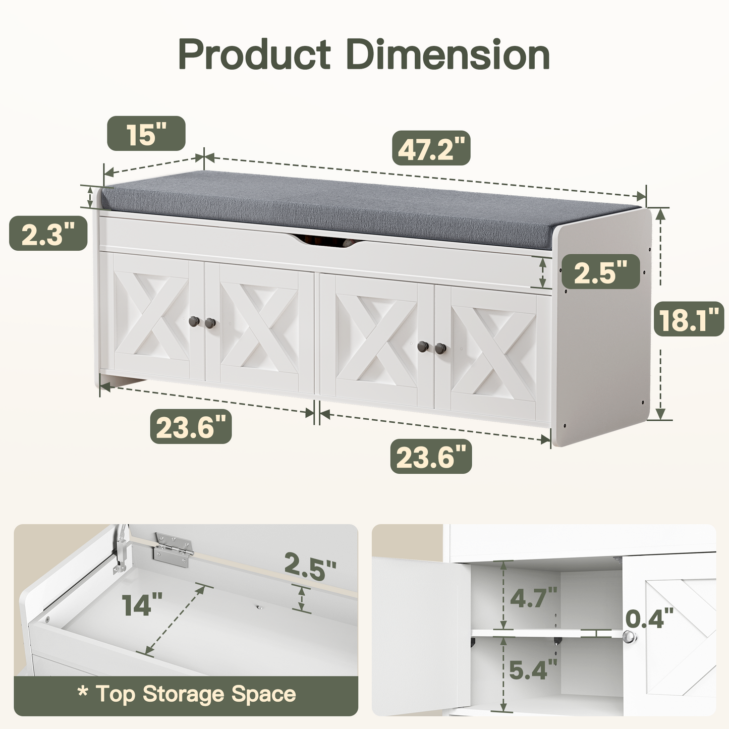 CHITOOMA Shoe Storage Bench, 2-Tier with Cushioned Seat, Adjustable Shelves, 300 lbs Capacity, 47.2" x 15" x 18", White