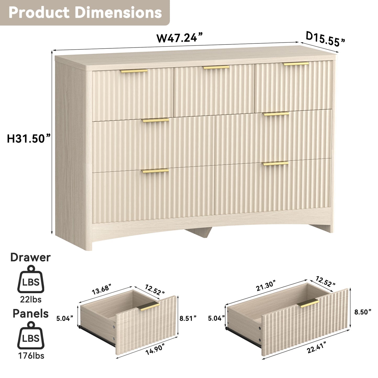 CHITOOMA Modern 7 Drawer Dresser, Wide Fluted Wood Storage Cabinet with Gold Handles, Chest of Drawers for Bedroom or Living Room, Natural