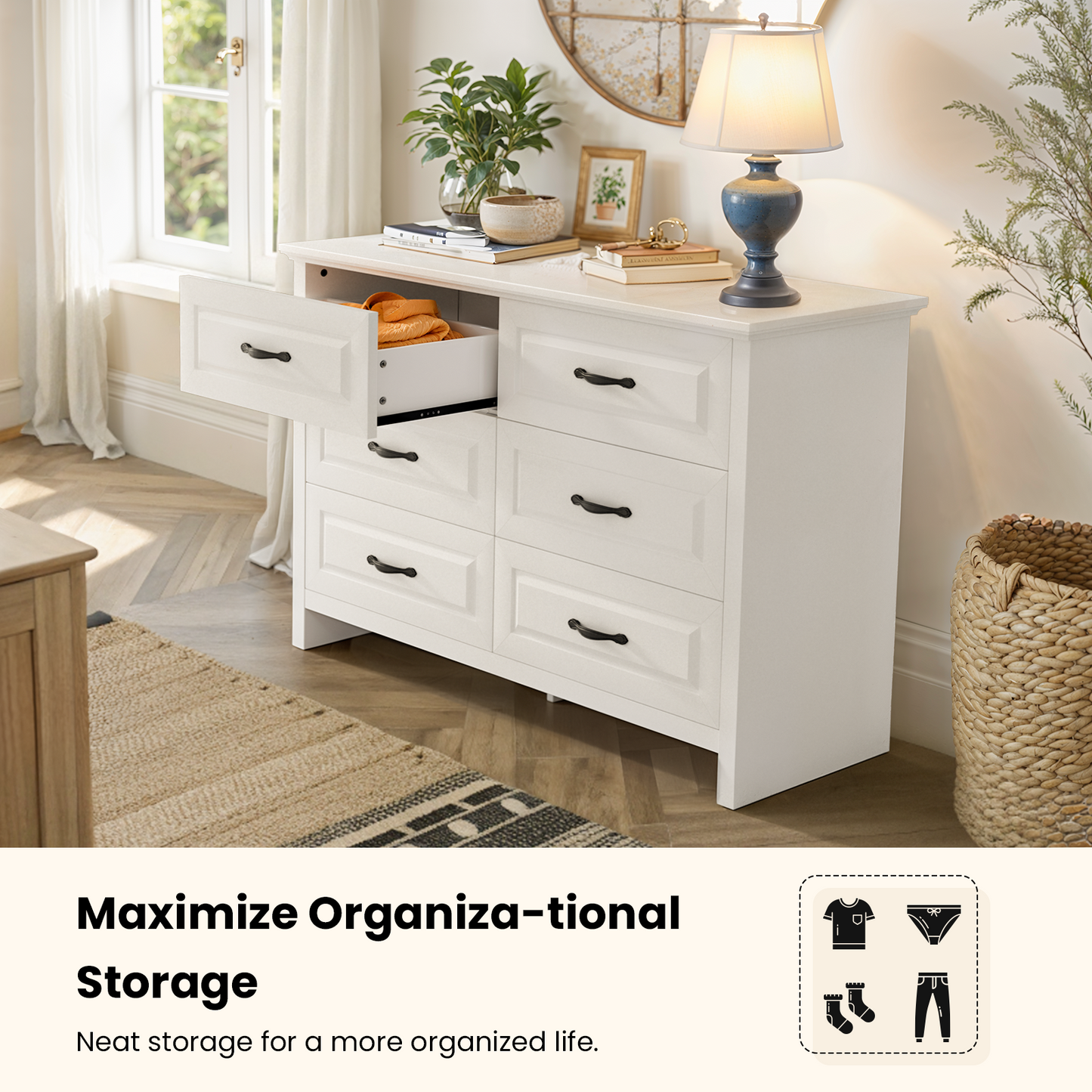 CHITOOMA White Dressers for Bedroom 6 Drawer, 47.2" Adult Wooden Dresser, Double Storage Cabine Chest of Drawers for Living Room, Hallway