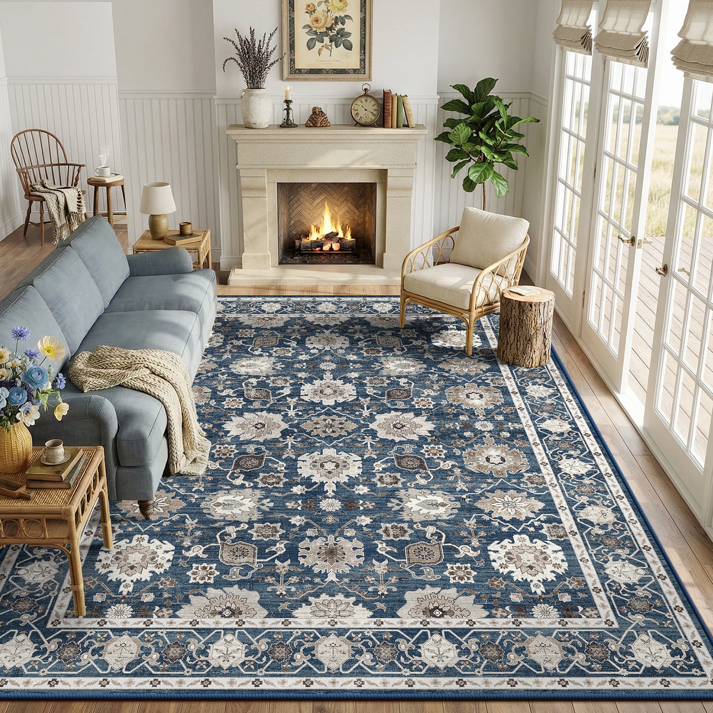 CHITOOMA 9'x12' Area Rugs for Living Room, Boho Machine Washable Stain Resistant Non-Shed Carpet, Floral Area Rug with Non-Slip Backing for Bedroom, Dining Room, Dorm, Office
