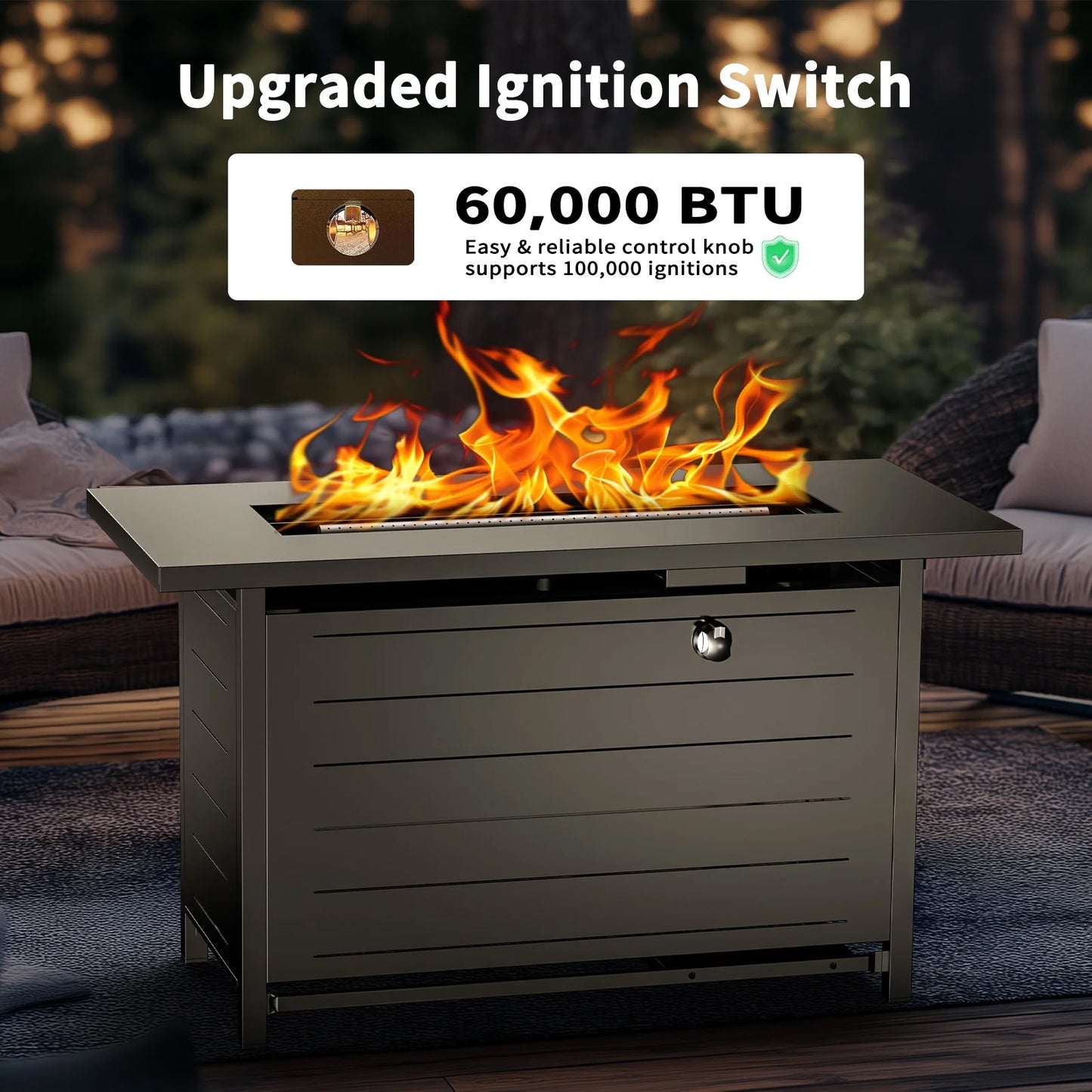 42" Rectangular Gas Fire Pit Table, 60,000 BTU Propane Fire Pits for Outside with Lid and Lava Rock