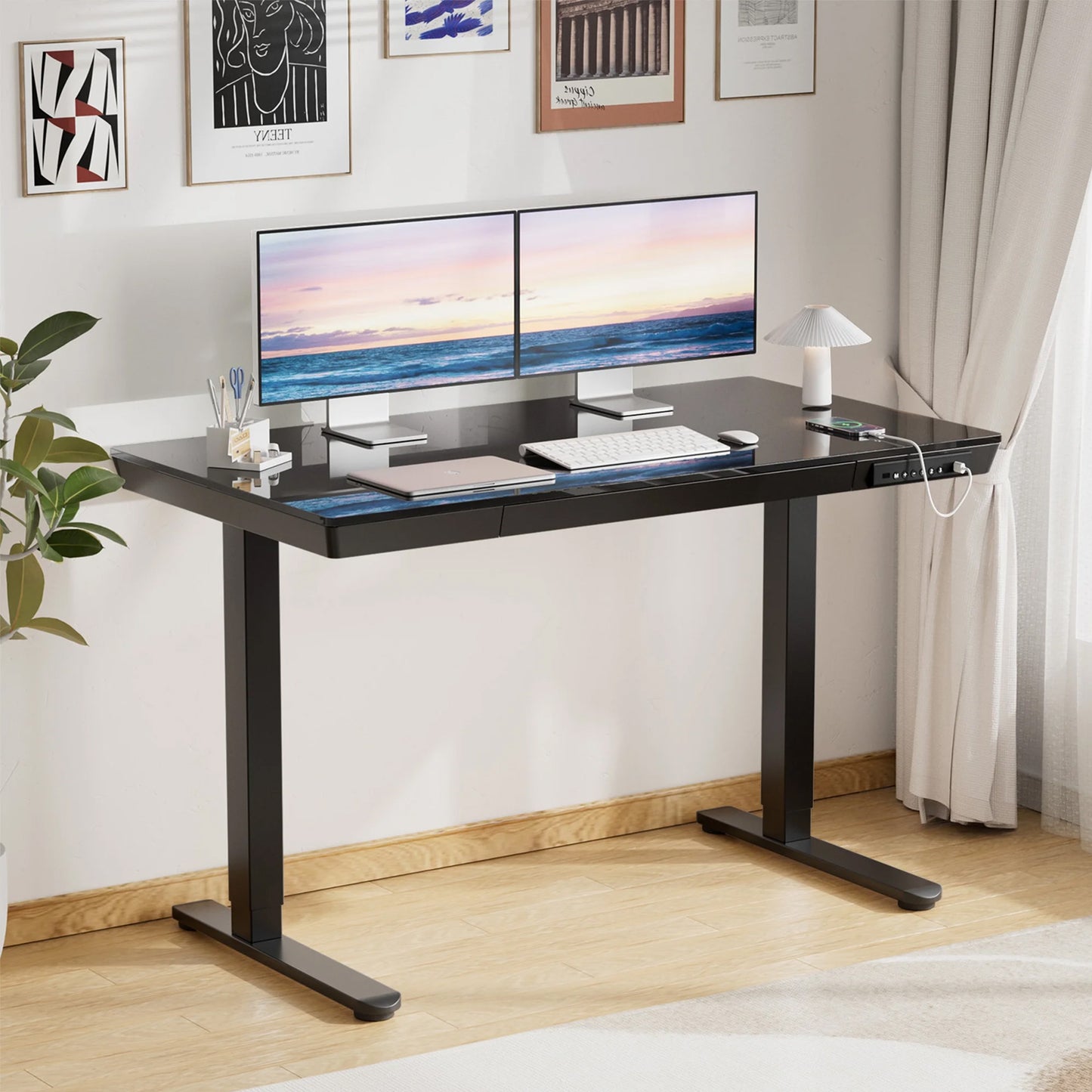CHITOOMA Glass Top Electric Standing Desk with Drawer, 55'' x 28'' Electric Height Adjustable Desk with USB Charging Ports, Sit Stand up for Home Office