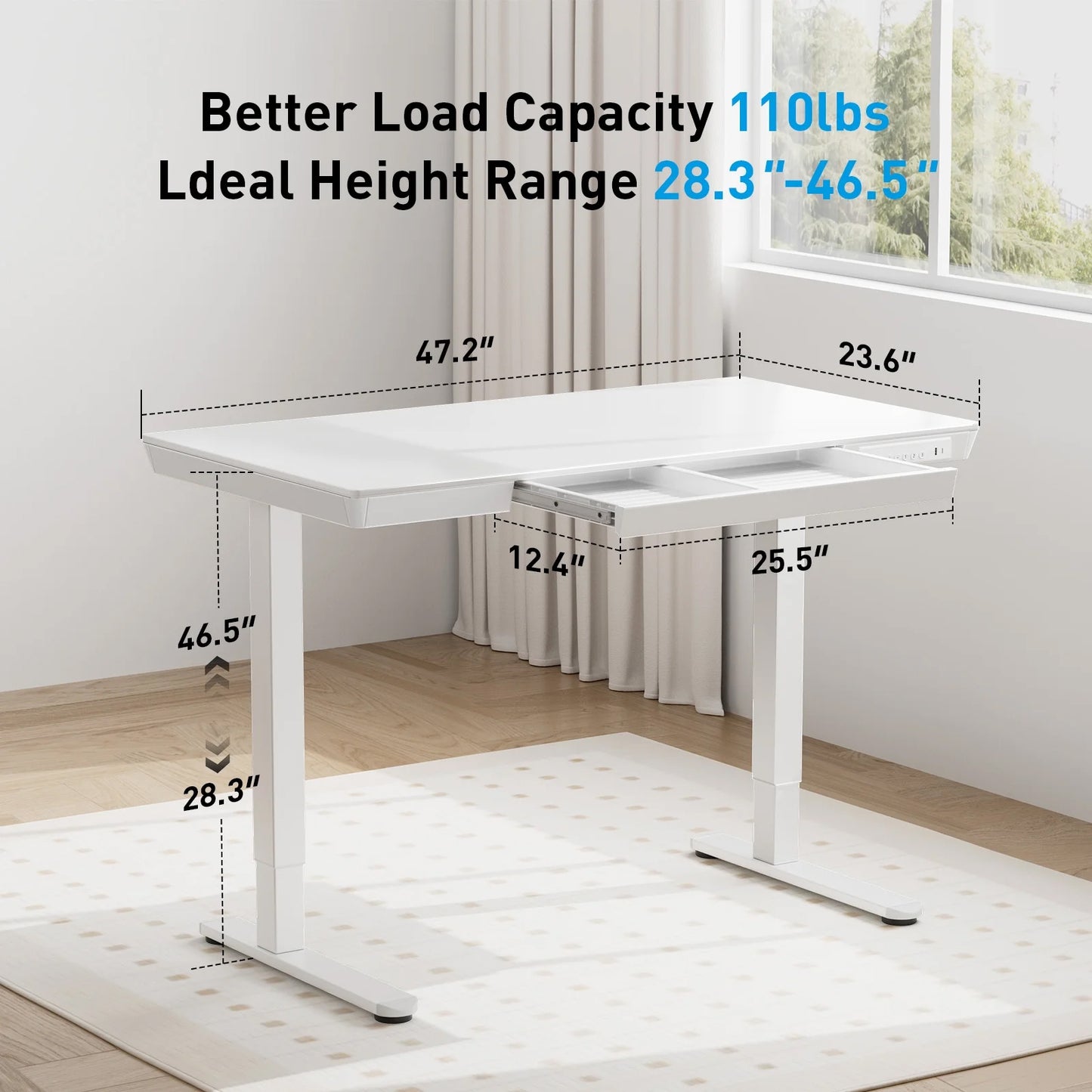 CHITOOMA Electric Standing Desk with Drawer, One Piece Tabletop 48" x 24" Height Adjustable Office Desk with USB Charging Ports, Sit to Stand Desk for Home, White