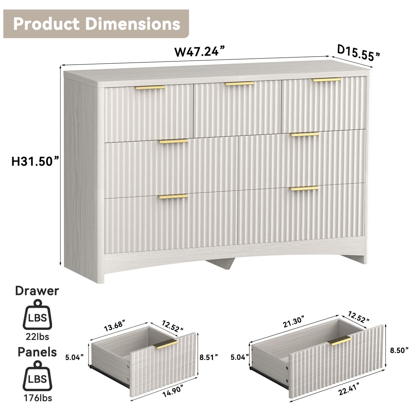 CHITOOMA Modern 7 Drawer Dresser, Wide Fluted Wood Storage Cabinet with Gold Handles, Chest of Drawers for Bedroom or Living Room, Gray
