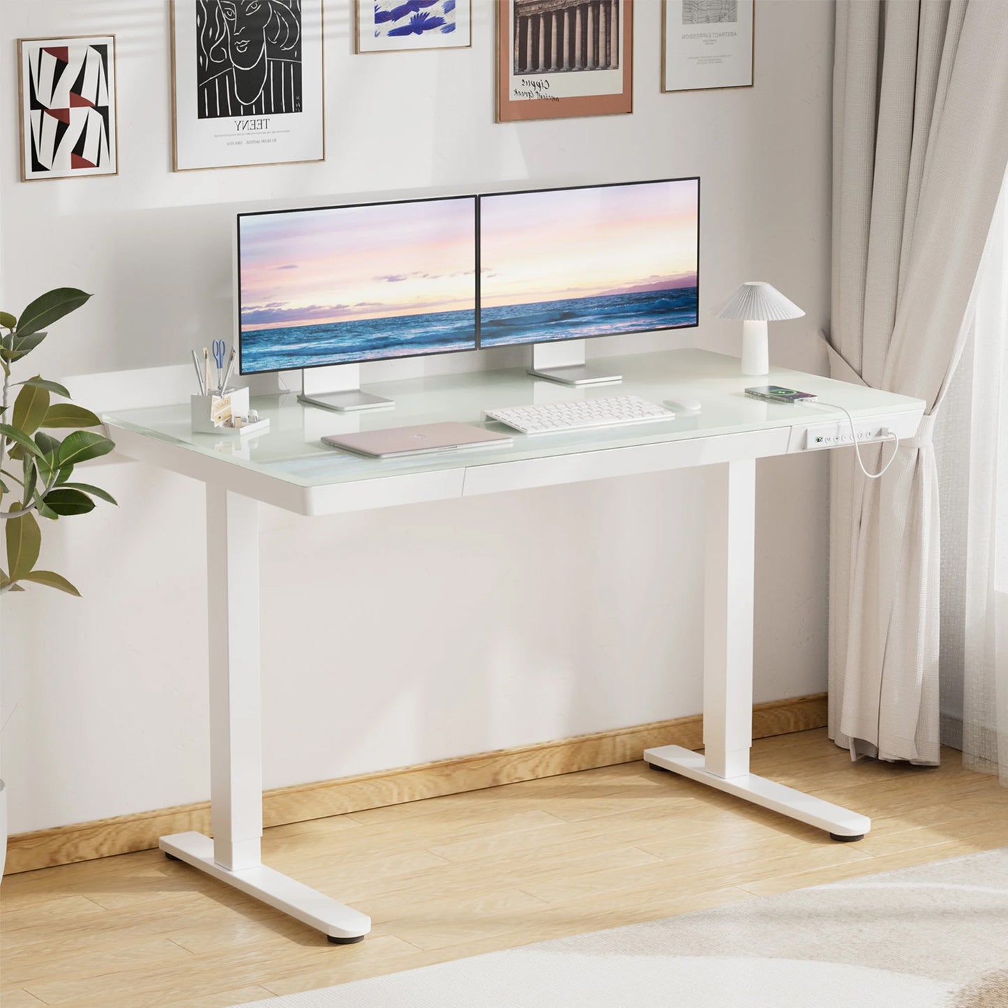 CHITOOMA Glass Top Electric Standing Desk with Drawer, 55'' x 28'' Electric Height Adjustable Desk with USB Charging Ports, Sit Stand up for Home Office