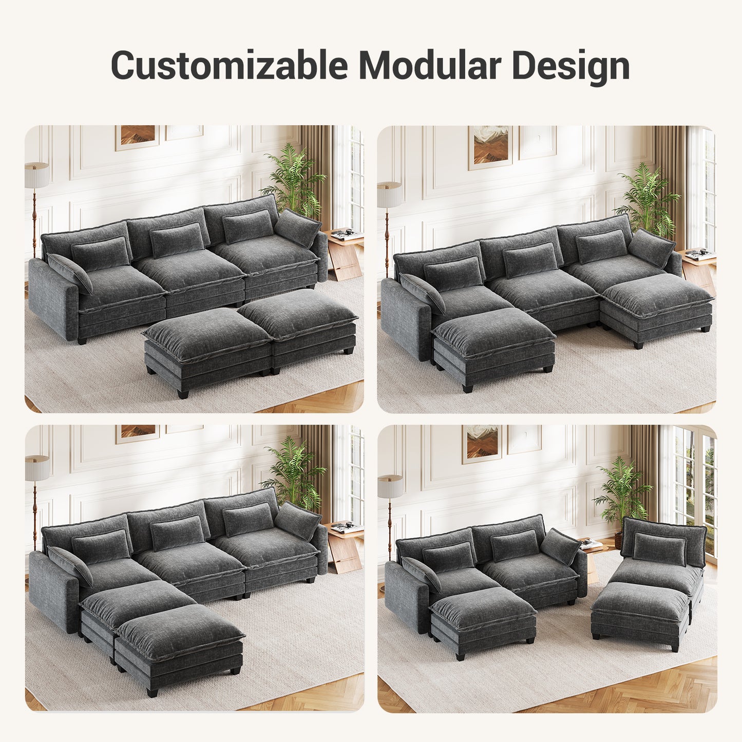 CHITOOMA 111" Modular Sectional Sofa with 2 Movable Ottomans, U-Shaped Oversized 3-Seat Chenille Cloud Sofa with 5 Pillows for Living Room, Gray