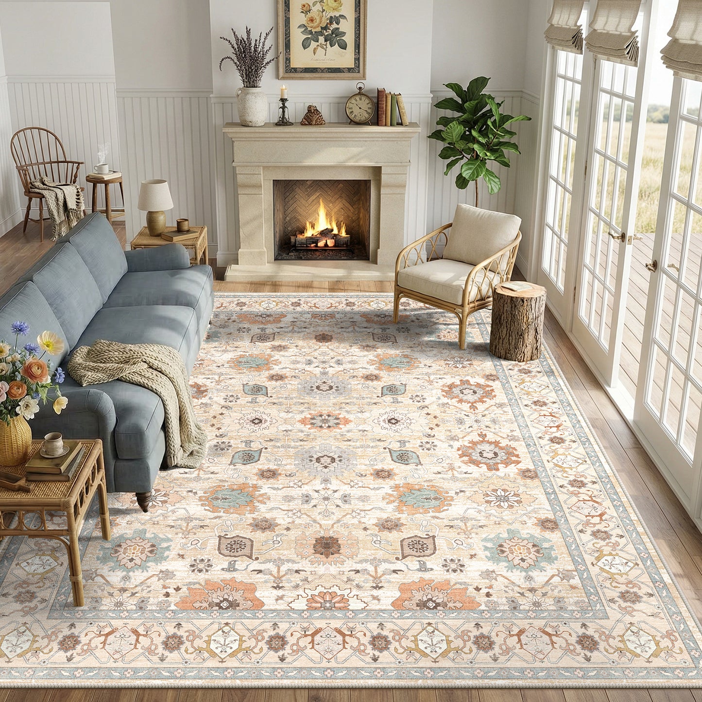 CHITOOMA 8'x10' Area Rugs for Living Room, Boho Machine Washable Floral Area Rug with Non-Slip Backing, Stain Resistant Non-Shed Carpet for Bedroom, Dining Room, Dorm, Office