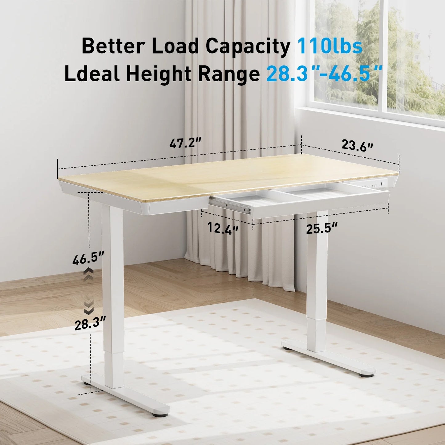 CHITOOMA One Piece Electric Standing Desk with Drawer, 48" x 24" Maple Wood-top Height Adjustable Office Desk with USB Charging Ports, Sit to Stand Desk for Home