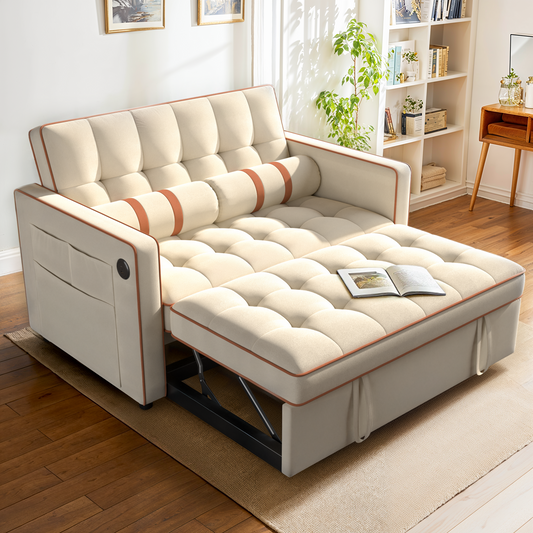CHITOOMA 3 in 1 Pull Out Sofa Bed with Adjustable Backrest, 70" Convertible Loveseat Sleeper Couch with Charging Port, Side Pockets & Cylinder Pillows for Living Room Apartment, White