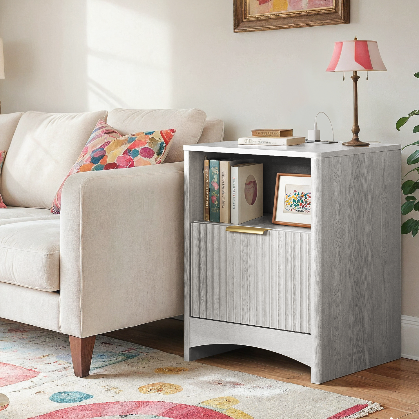 CHITOOMA Fluted Nightstand Set of 2 with Charging Station, Wood Bedside Table with Drawer & Open Shelf, Small End Table for Bedroom Living Room, Gray