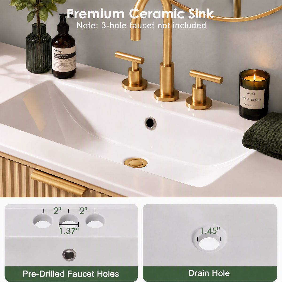 30 Inch Bathroom Vanity with Ceramic Sink, Freestanding Bathroom Cabinet with U-Shaped Drawer and Adjustable Shelf, Modern Fluted Vanity Set, Natural Oak