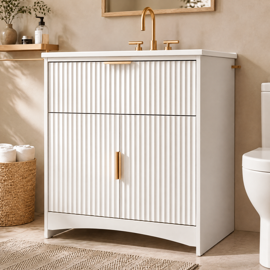 30 Inch Bathroom Vanity with Ceramic Sink, Freestanding Bathroom Cabinet with U-Shaped Drawer and Adjustable Shelf, Modern Fluted Vanity Set, White