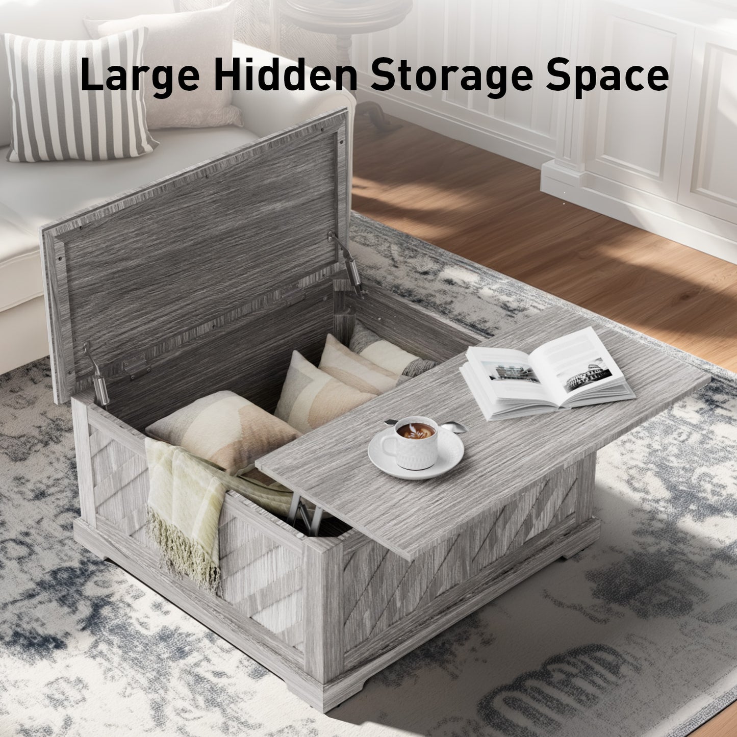 Lift Top Coffee Table, 35"x35" Wood Square Dining Center Table with Storage and Large Hidden Space for Living Room, Wash Gray