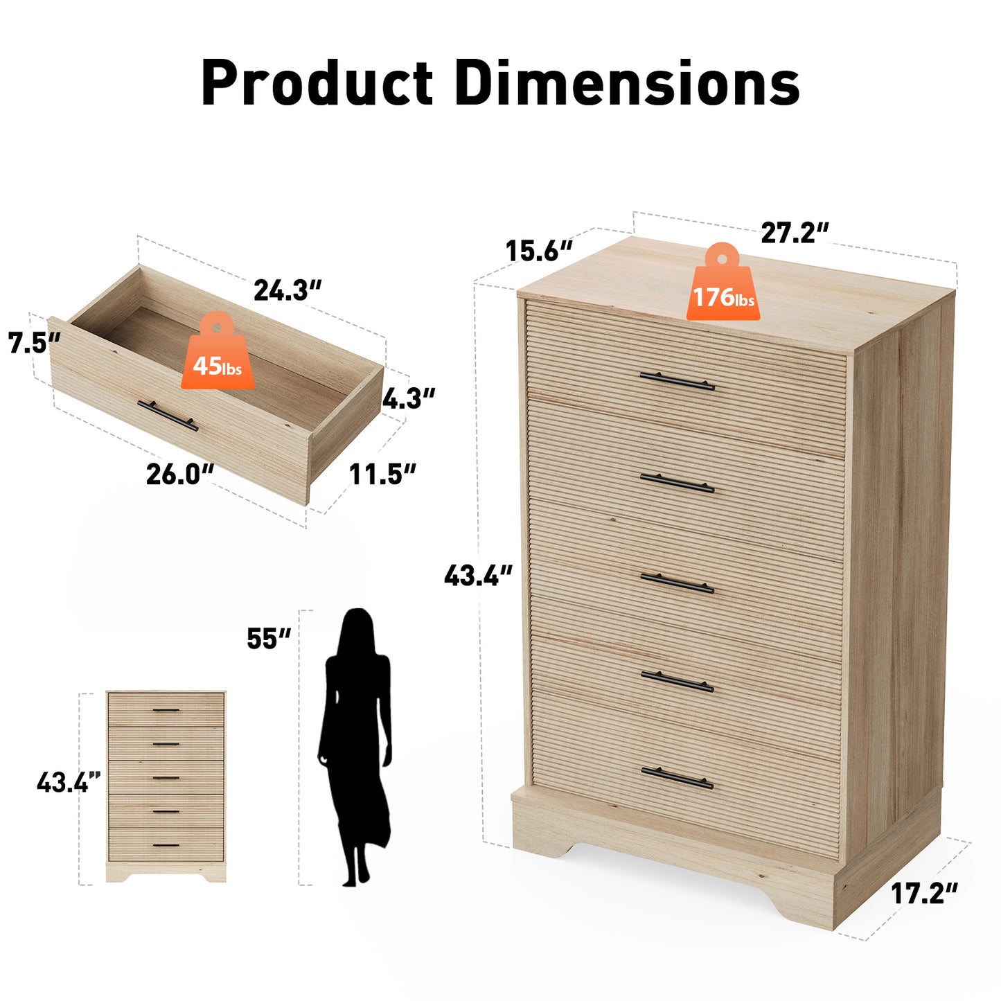 CHITOOMA Fluted Dresser for Bedroom, Modern Wooden 5 Drawer Tall Dresser, Chest of Drawers, Storage Cabine Living Room Hallway, Natural