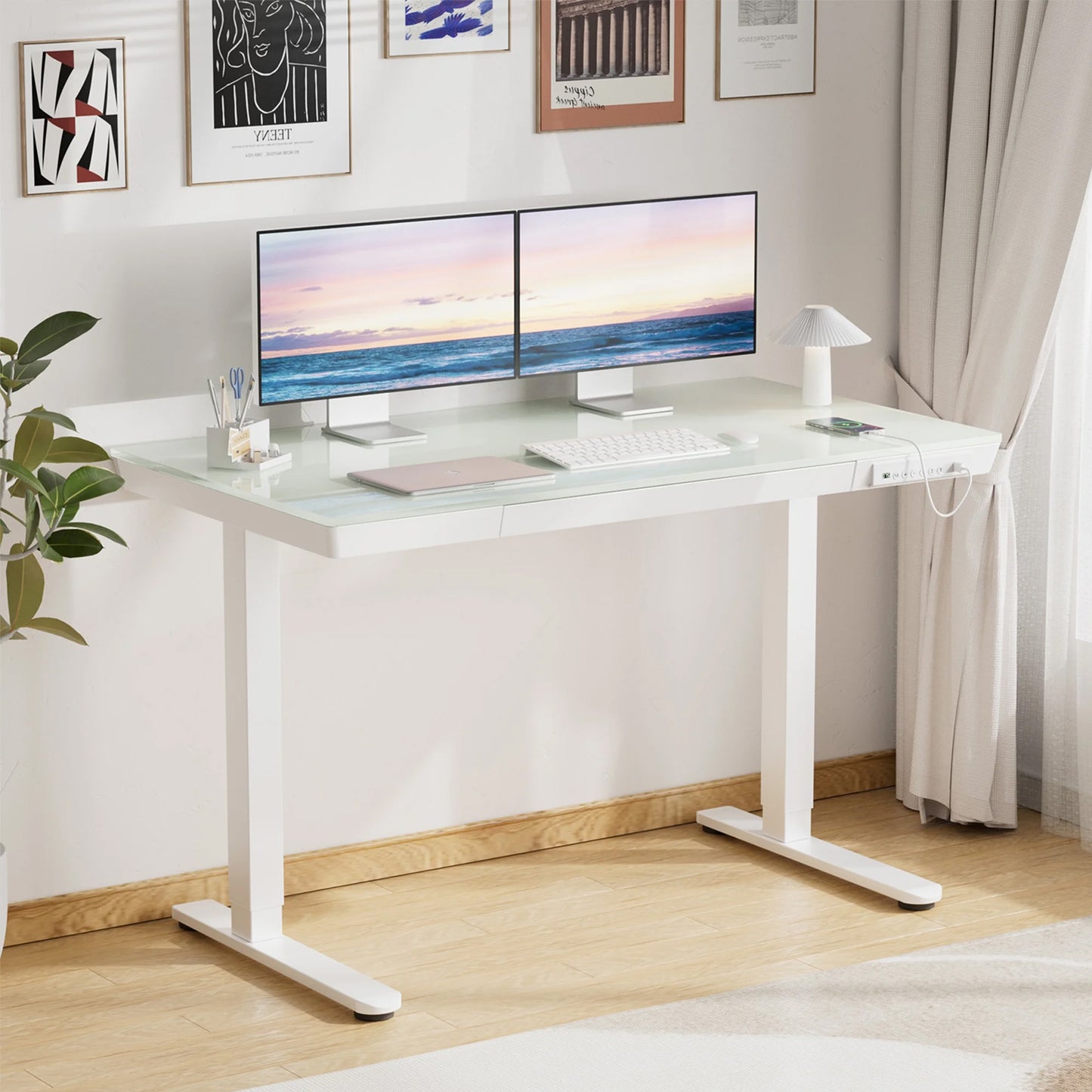 CHITOOMA Glass Top Electric Standing Desk with Drawer, 48'' x 24'' Electric Height Adjustable Desk with USB Charging Ports, Sit Stand up for Home Office