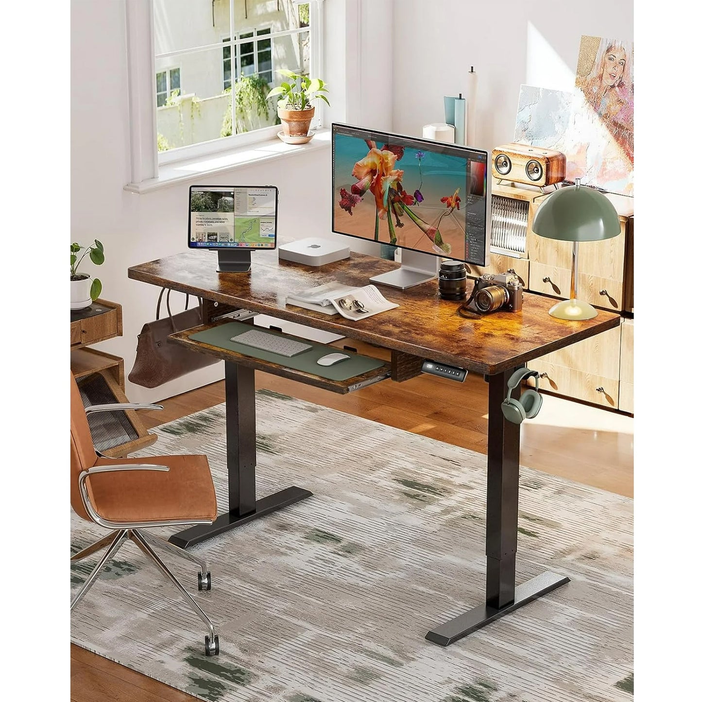 55" x 24" Electric Standing Desk with Keyboard Tray, Height Adjustable Sit Stand up Desk with Headphone Hook & 4 Height Memory Pre-Set for Home Office, Rustic Brown